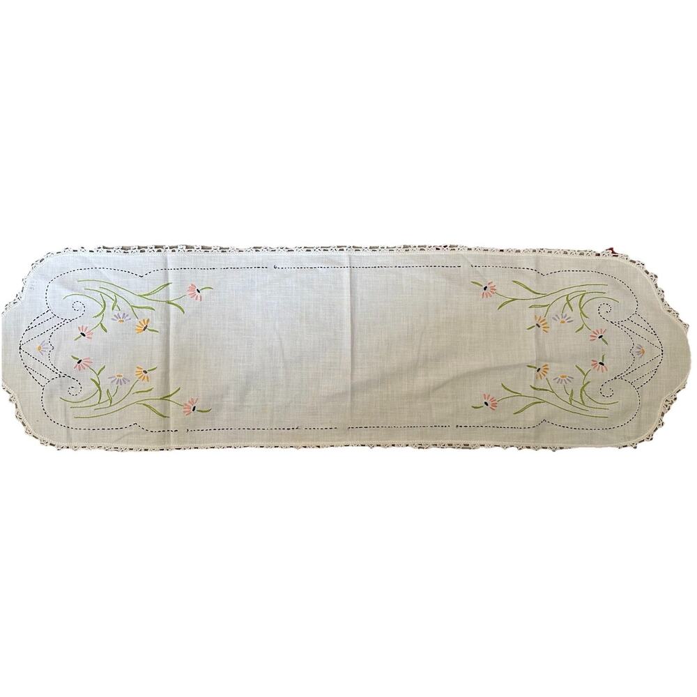 Vintage Hand Embroidered Colorful Floral Dresser Cloth Crochet Runner 10” x 35”